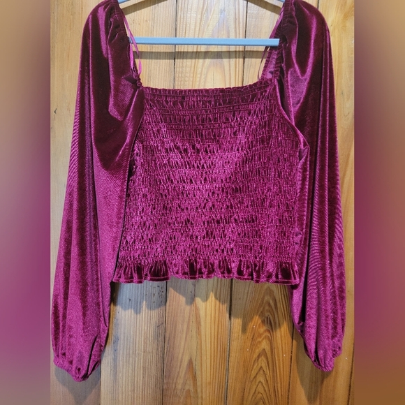 Bagatelle Velvet Burgundy Smocked Blouse - Picture 3 of 13